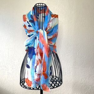 Blue/Red/white/cream leaf print scarf